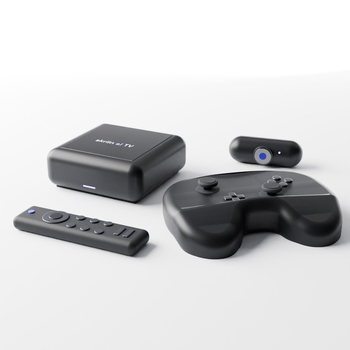 skriin ai TV kit: the box, the camera, the controller and the short remote
