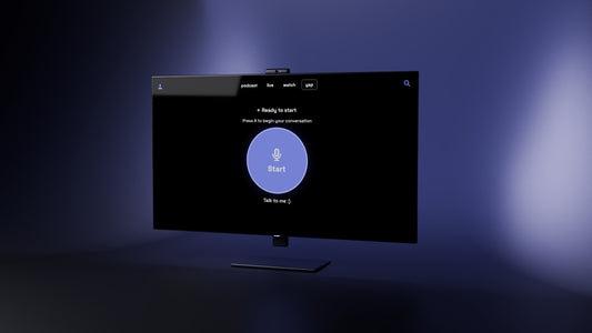Konzept-Rendering des skriin TV mit eingebauter Kamera oben im Bildschirm